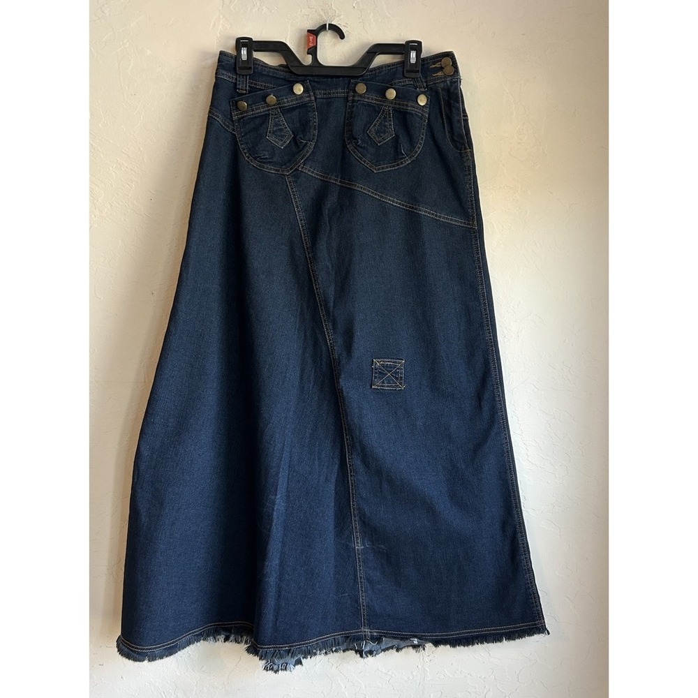 Y2K Denim Maxi Skirt 30 Raw Hem Pockets Grunge 2000s Edgy Streetwear Dark Wash - Picture 1 of 10